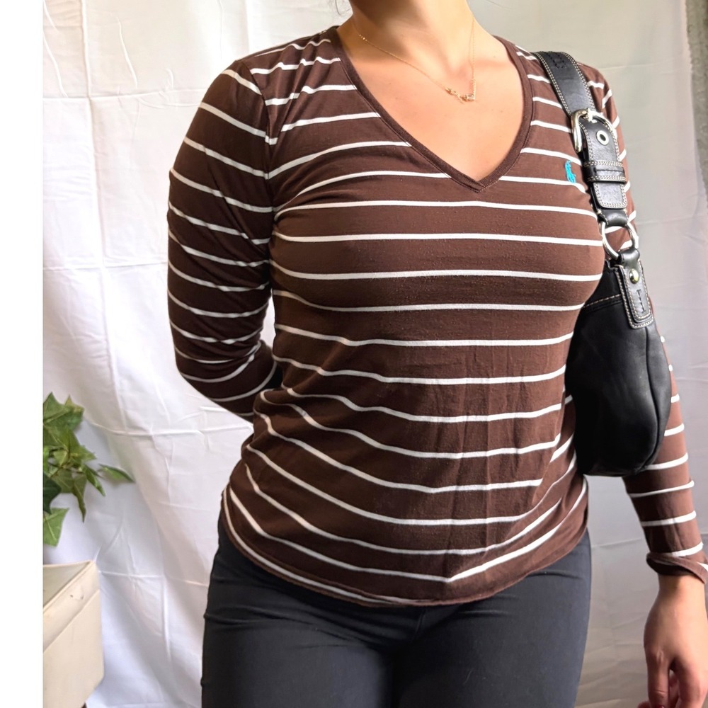 Y2K Style Ralph Lauren Sport Womens Striped Pima Cotton V-Neck Long Sleeve Tee M